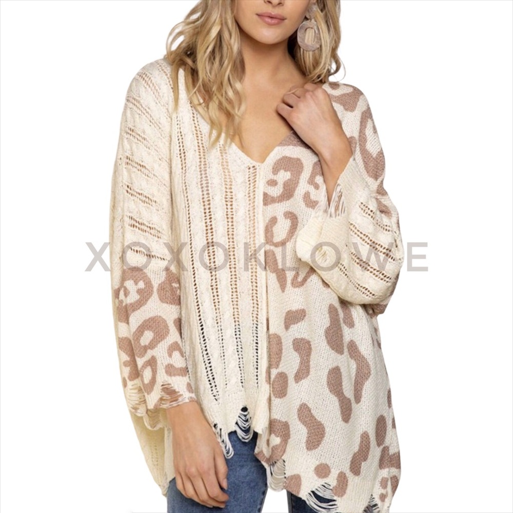 1 M LEFT POL Mixed Fabric Leopard Print & Knit Sweater Top - Picture 4 of 7